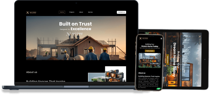 Ncore website design mockup on laptop, tablet, and mobile, built by Rayans Creative