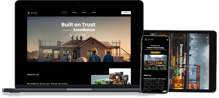 Ncore website design mockup on laptop, tablet, and mobile, built by Rayans Creative