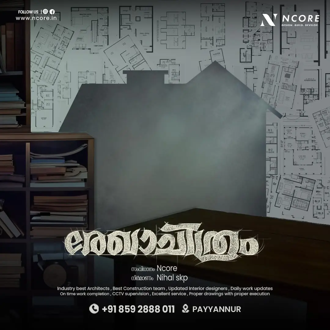Ncore construction and architecture poster with blueprint background and house silhouette, Kannur