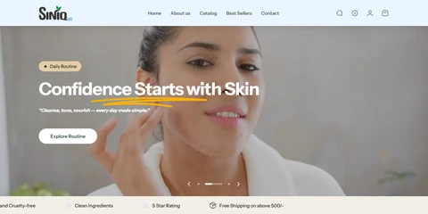 SiniQ responsive eCommerce website designed and developed by Rayans Creative featuring a modern skincare online store with clean UI, product catalog, and mobile-friendly shopping experience.