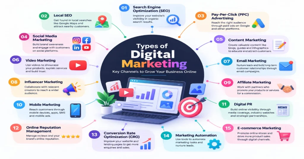Infographic illustrating different types of digital marketing, including SEO, PPC advertising, content marketing, email marketing, affiliate marketing, digital PR, and e-commerce marketing.