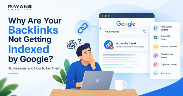illustration showing reasons why backlinks may not get indexed by google,including poor quality content,crawlability issues,nofollow attributes,weak internal linking.and duplicate content.