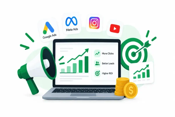 Illustration of performance marketing services featuring google ads, Meta Ads, Instagram, and YouTube.a marketing analytics dashboard and growth metrics