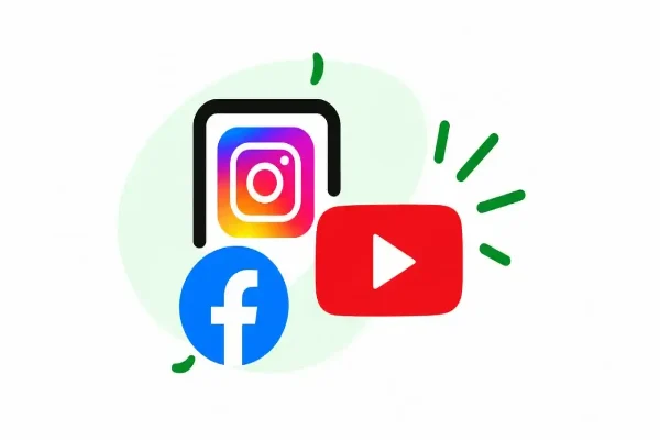 Illustration of social media marketing featuring Instagram,Facebook,and youtube icons on a smart phone.