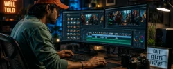 Professional video editor editing digital content, color grading footage, and creating engaging videos in a modern editing studio.
