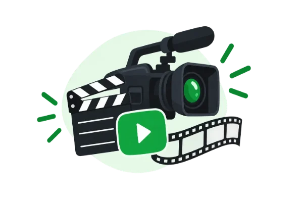 Illustration of video production featuring a professional video camera, film clapperboard, and play button.
