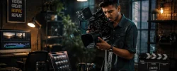 Videographer creating professional video content, filming commercial projects, and producing digital marketing videos for brands.