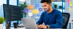Professional web developer coding responsive websites and web applications using HTML, CSS, JavaScript, and modern development technologies.