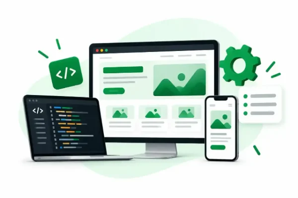 Illustration of responsive web development featuring desktop and mobile website layouts, a settings gear, and a web design interface.
